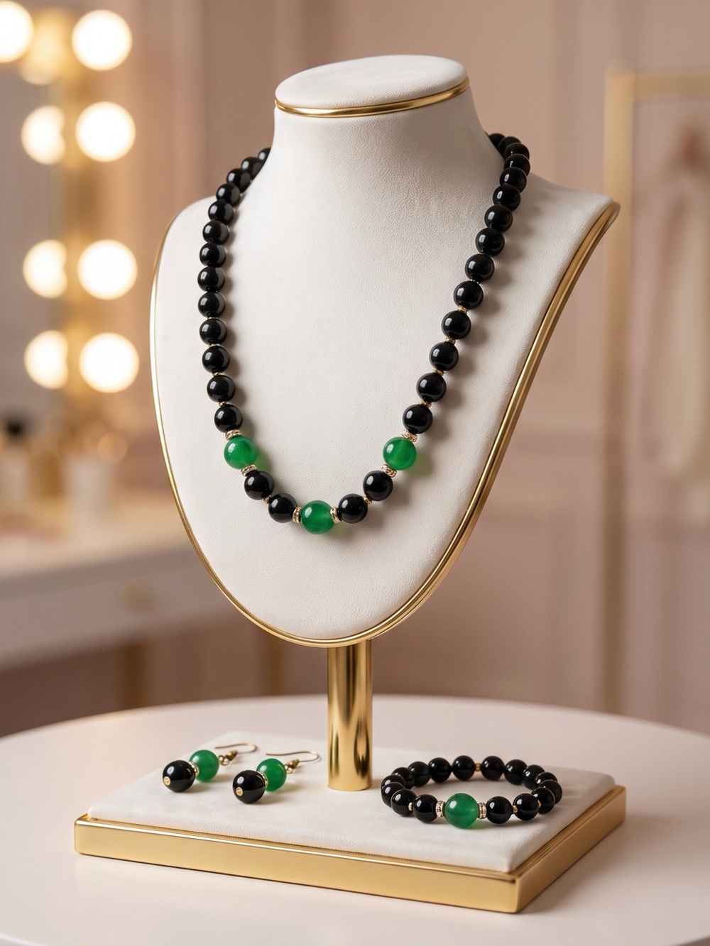Green and Black Beaded Jewelry Set — Elegant Necklace, Bracelet & Earrings